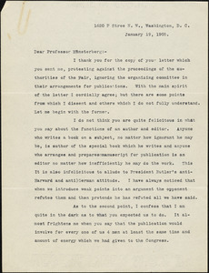 Newcomb, Simon, 1835-1909 typed letter signed to Hugo Münsterberg, Washington, 19 January 1905