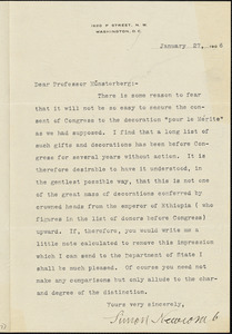 Newcomb, Simon, 1835-1909 typed letter signed to Hugo Münsterberg, Washington, 27 January 1906