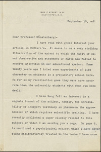 Newcomb, Simon, 1835-1909 typed letter signed to Hugo Münsterberg, Washington, 10 September 1907