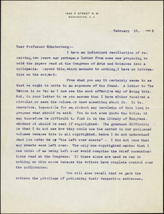 Newcomb, Simon, 1835-1909 typed letter signed to Hugo Münsterberg, Washington, 10 February 1908