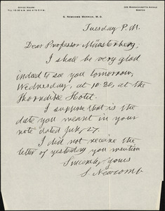 Newcomb, Simon, 1835-1909 autograph letter signed to Hugo Münsterberg, Boston