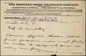 Newcomb, Simon, 1835-1909 telegram to Hugo Münsterberg, Washington, D.C., 14 March 1904