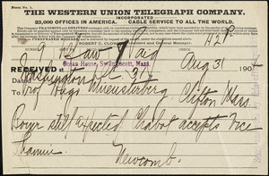 Newcomb, Simon, 1835-1909 telegram to Hugo Münsterberg, Washington, D.C., 31 August 1904