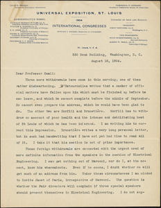 Newcomb, Simon, 1835-1909 typed letter signed to Albion Small, Washington, D.C., 18 August 1904