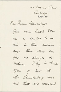 Perry, Rachel (Berenson) autograph letter signed to Hugo Münsterberg, Cambridge, Mass., 1908