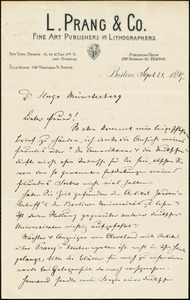 Prang, Louis, 1824-1909 autograph letter signed to Hugo Münsterberg, Boston, 21 September 1899