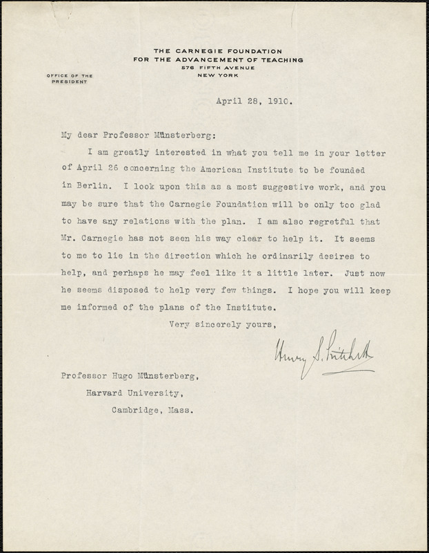 Pritchett, Henry S. (Henry Smith), 1857-1939 typed letter signed to ...