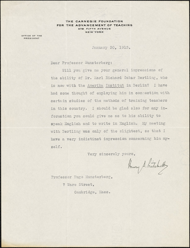 Pritchett, Henry S. (Henry Smith), 1857-1939 typed letter signed to ...