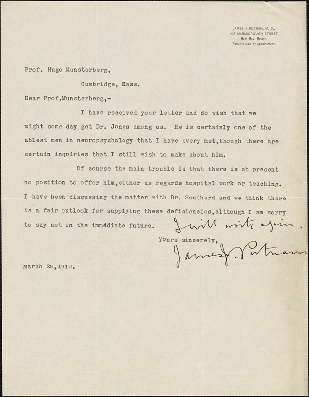 Putnam, James Jackson, 1846-1918 typed letter signed to Hugo ...