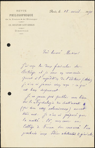 Ribot, Th. (Théodule), 1839-1916 autograph letter signed to Hugo Münsterberg, Paris, 15 April 1890