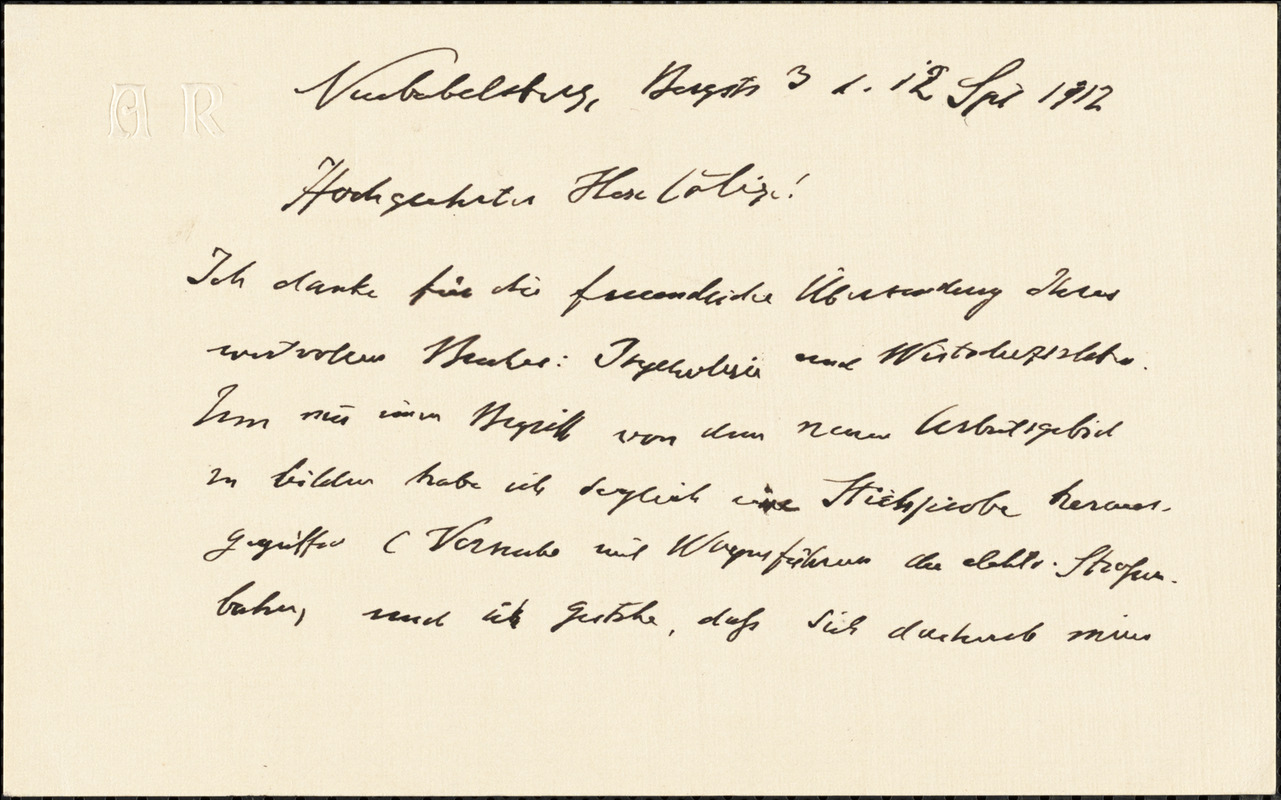 Riehl, Alois, 1844-1924 autograph letter signed to Hugo Münsterberg, Neubabelsberg, 12 September 1912