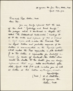 Boettcher, Wilhelmina autograph letter signed to Riverside Press, Boston, 14 April 1914