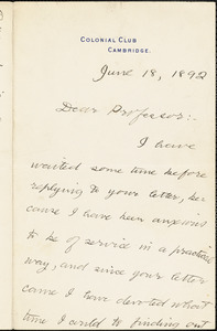 Royce, Josiah, 1855-1916 autograph letter signed to Hugo Münsterberg, Cambridge, Mass., 18 June 1892
