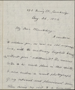 Royce, Josiah, 1855-1916 autograph letter signed to Hugo Münsterberg, Cambridge, Mass., 26 August 1892