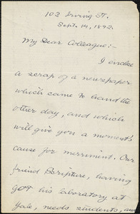 Royce, Josiah, 1855-1916 autograph letter signed to Hugo Münsterberg, Cambridge, Mass., 14 September 1892
