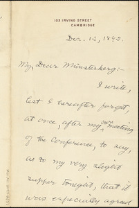 Royce, Josiah, 1855-1916 autograph letter signed to Hugo Münsterberg, Cambridge, Mass., 12 December 1892