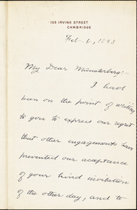 Royce, Josiah, 1855-1916 autograph letter signed to Hugo Münsterberg, Cambridge, Mass., 06 February 1893