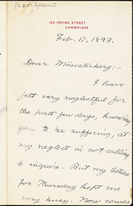 Royce, Josiah, 1855-1916 autograph letter signed to Hugo Münsterberg, Cambridge, Mass., 17 February 1893
