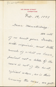 Royce, Josiah, 1855-1916 autograph letter signed to Hugo Münsterberg, Cambridge, Mass., 19 February 1893