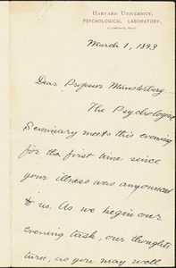Royce, Josiah, 1855-1916 autograph letter signed to Hugo Münsterberg, Cambridge, Mass., 01 March 1893