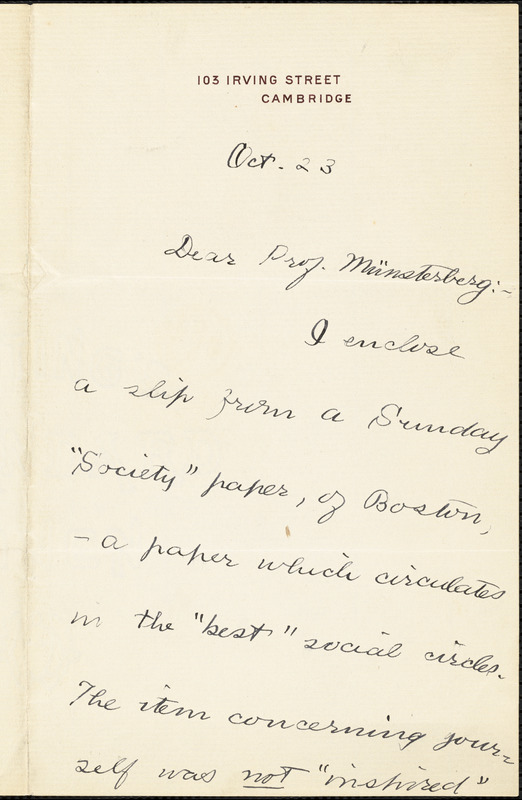 Royce, Josiah, 1855-1916 autograph letter signed to Hugo Münsterberg, Cambridge, Mass., 23 October