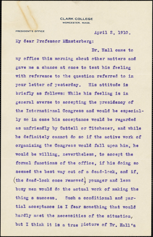 Sanford, Edmund C. (Edmund Clark), 1859-1924 8 autograph letter signed to Hugo Münsterberg, Worcester, Mass., 02 April 1910