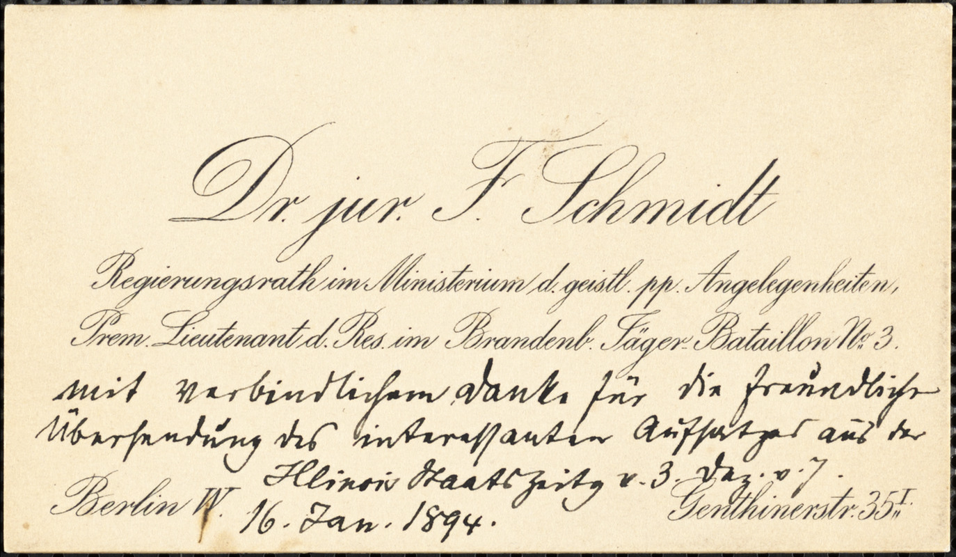 Schmidt, Friedrich autograph note signed to Hugo Münsterberg, Berlin, 16 January 1894