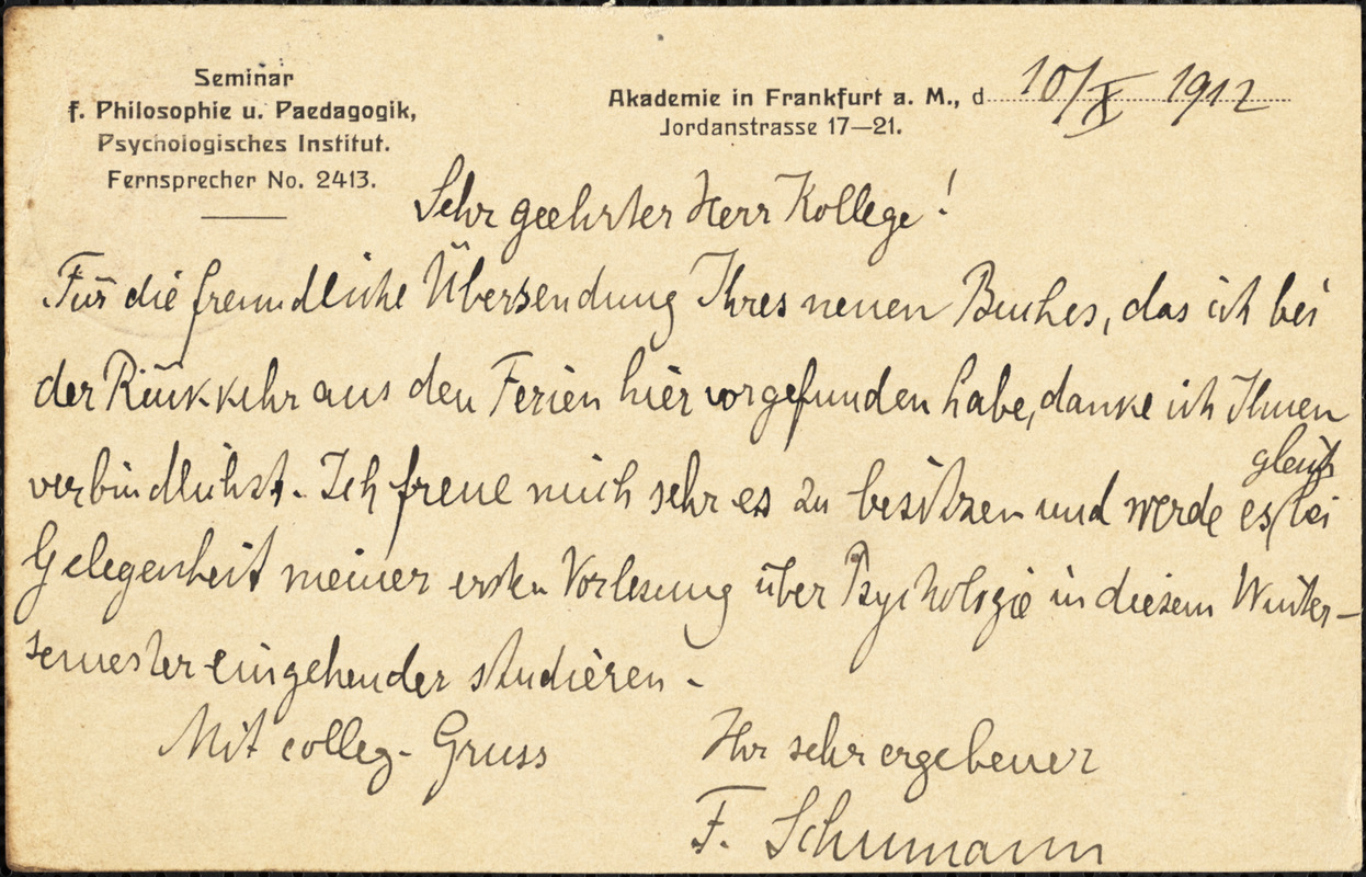 Schumann, Friedrich, 1863-1940 autograph note signed to Hugo Münsterberg, Frankfurt a.M., Ger., 10 October 1912