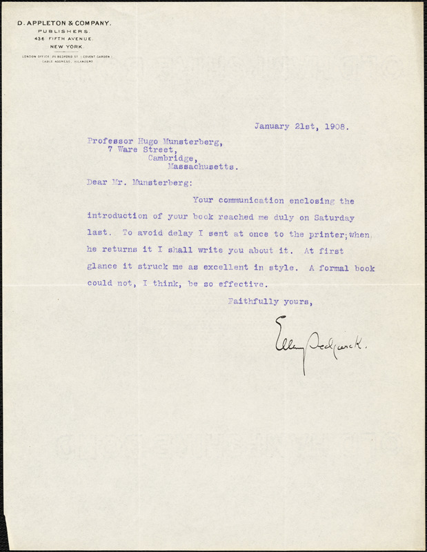 Sedgwick, Ellery, 1872-1960 typed letter signed to Hugo Münsterberg ...