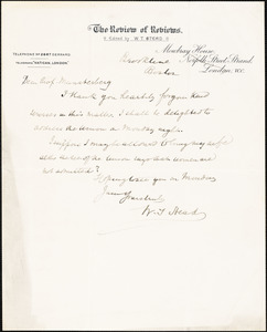 Stead, William Thomas, 1849-1912 autograph letter signed to Hugo Münsterberg, Brookline, Boston