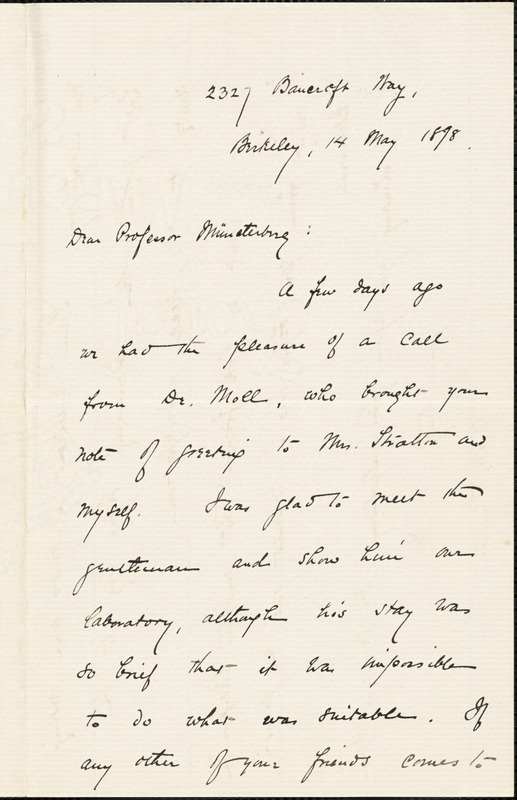 Stratton, George Malcolm, 1865- autograph letter signed to Hugo ...