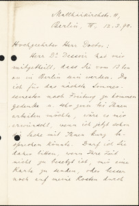Strong, Charles Augustus, 1862-1940 autograph letter signed to Hugo Münsterberg, Berli, 12 March 1890