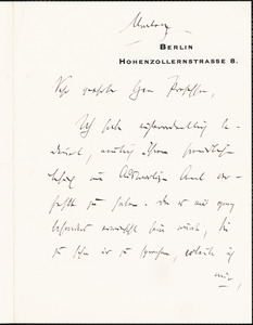 Stumm, Wilhelm August von, 1869-1935 autograph letter signed to Hugo Münsterberg, Berlin