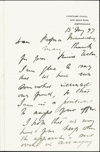 Sully, James, 1842-1923 autograph letter signed to Hugo Münsterberg, Hampstead, London, 15 May 1891