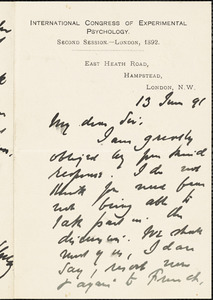 Sully, James, 1842-1923 autograph letter signed to Hugo Münsterberg, Hampstead, London, 13 June 1891