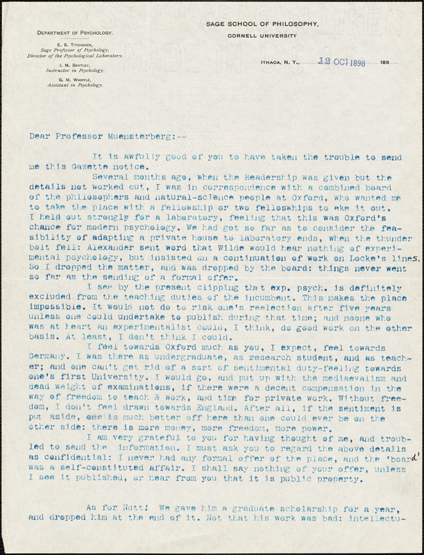 Titchener, Edward Bradford, 1867-1927 Typed Letter Signed To Hugo 