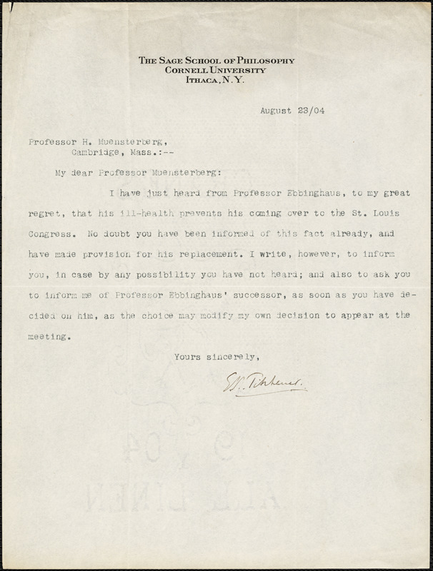 Titchener, Edward Bradford, 1867-1927 typed letter signed to Hugo ...