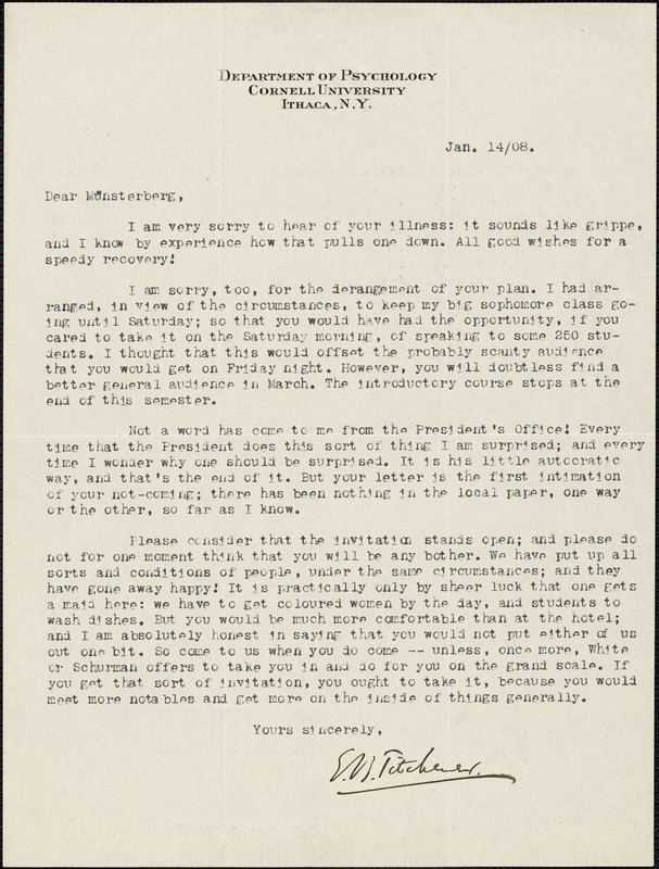 Titchener, Edward Bradford, 1867-1927 typed letter signed to Hugo ...