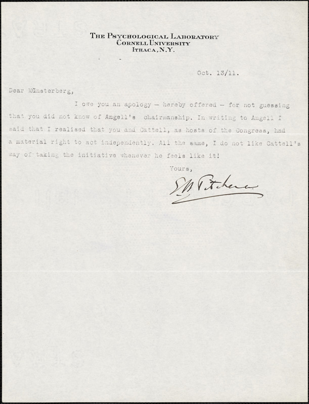 Titchener, Edward Bradford, 1867-1927 Typed Letter Signed To Hugo ...