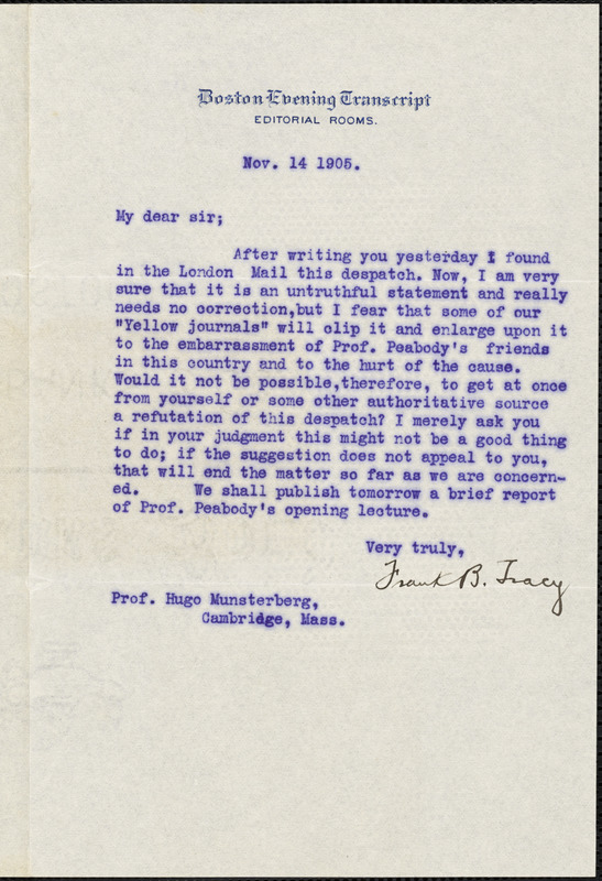 Tracy, Frank B, 1866-1912 typed letter signed to Hugo Münsterberg, Boston, 14 November 1905