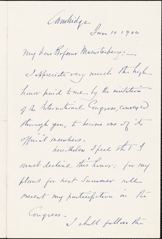 Trowbridge, John, 1843-1923 autograph letter signed to Hugo Münsterberg ...