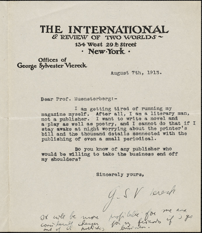 Viereck, George Sylvester, 1884-1962 typed letter signed to Hugo Münsterberg, New York, 7 August 1913