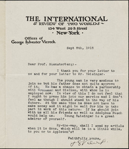 Viereck, George Sylvester, 1884-1962 typed letter signed to Hugo Münsterberg, New York, 8 September 1913