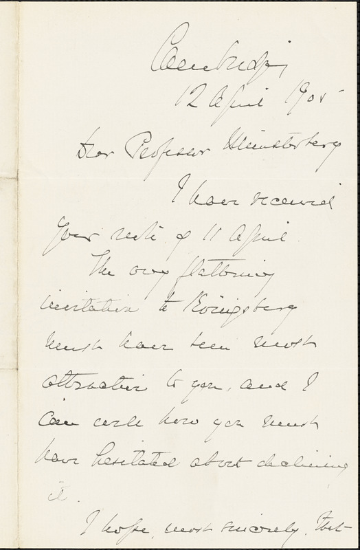 Walcott, Henry Pickering, 1838-1932 autograph letter signed to Hugo Münsterberg, Cambridge, Mass., 12 April 1905