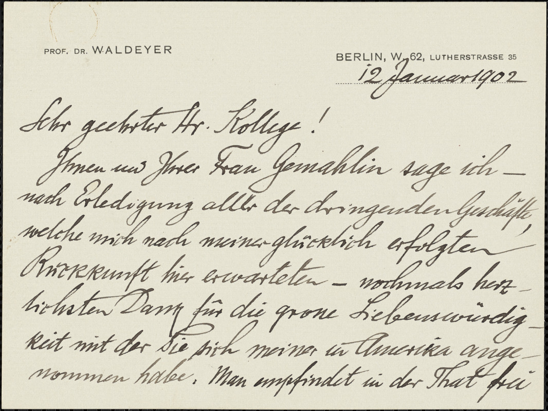 Waldeyer-Hartz, Wilhelm von, 1836-1921 autograph letter signed Hugo Münsterberg, Berlin, 12 January 1902