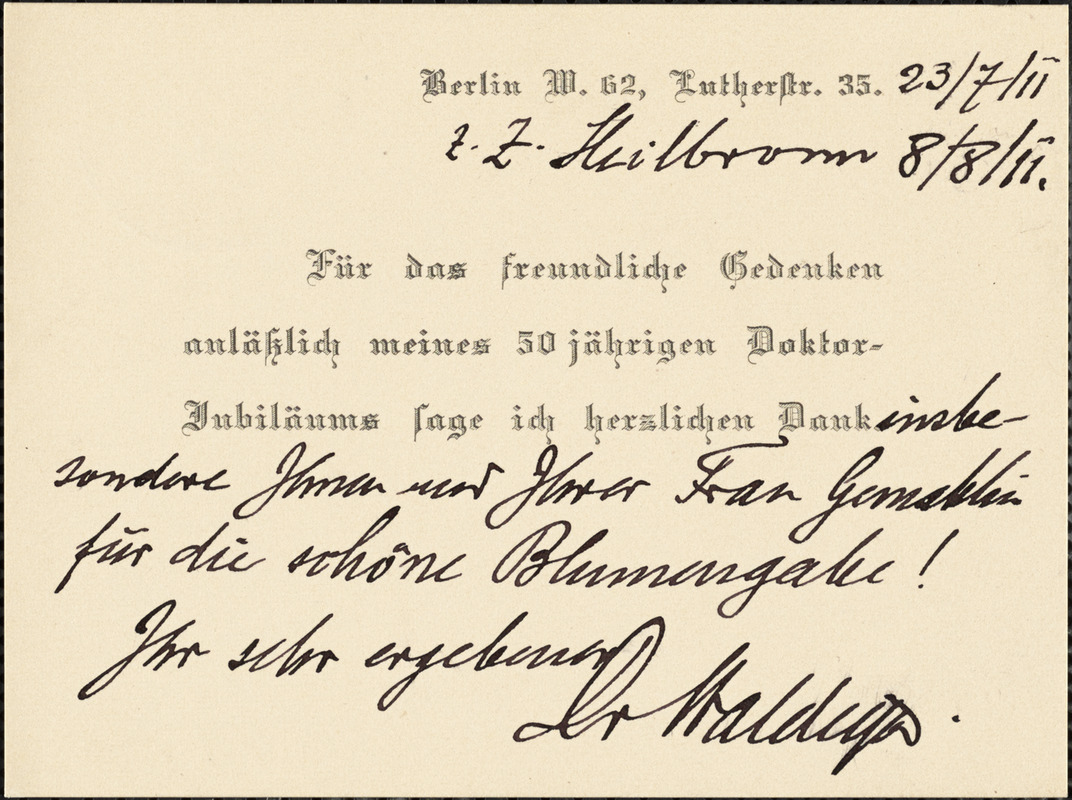 Waldeyer-Hartz, Wilhelm von, 1836-1921 autograph letter signed Hugo Münsterberg, Boston, 08 August 1911