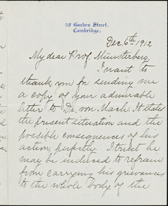 Wesselhoeft, Mary A. (Leavitt) autograph letter signed to Hugo Münsterberg, Cambridge, Mass., 06 December 1912