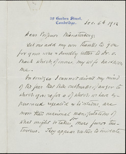 Wesselhoeft, Walter, 1838-1920 autograph letter signed to Hugo Münsterberg, Cambridge, Mass., 06 December 1912