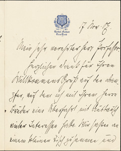 Wever, Walther Johann, 1859-1922 autograph letter signed to Hugo Münsterberg, New York, 17 November 1907