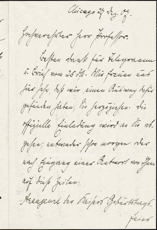 Wever, Walther Johann, 1859-1922 autograph letter signed to Hugo Münsterberg, Chicago, 27 December 1907